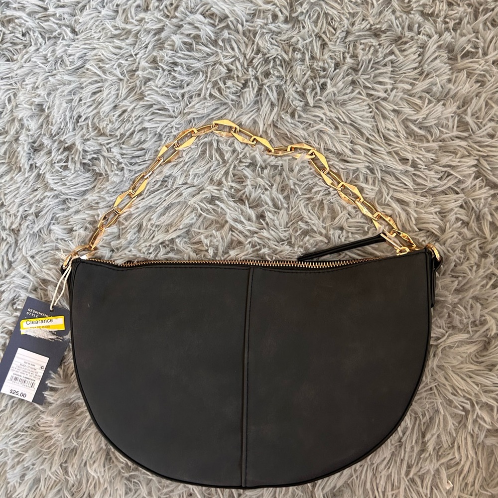 Black Leather Shoulder Bag with Gold Chain